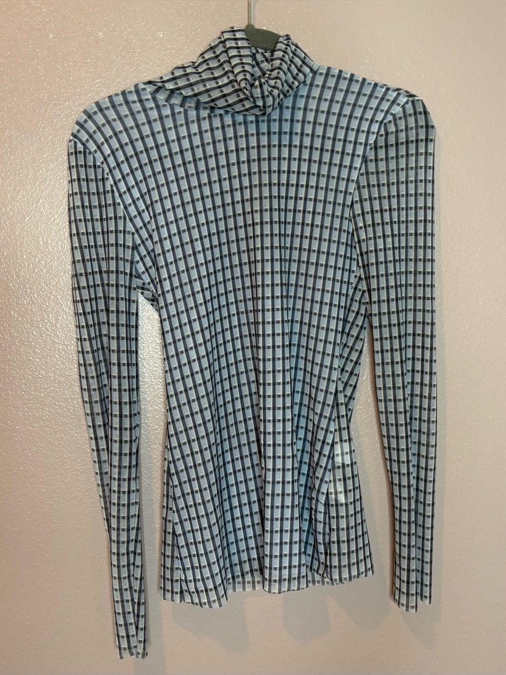 Light Blue Checked Turtleneck Long Sleeve Top